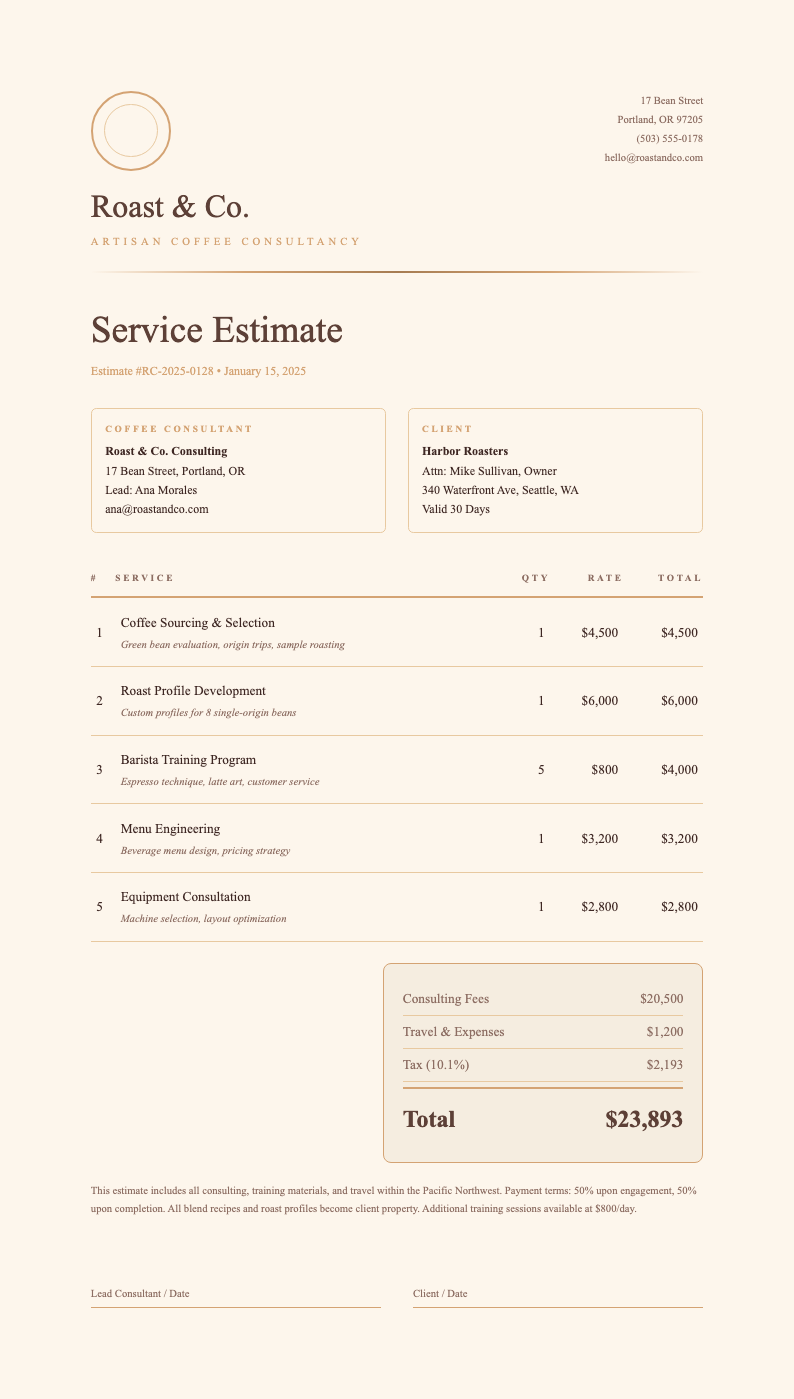 Artisanal coffee service estimate